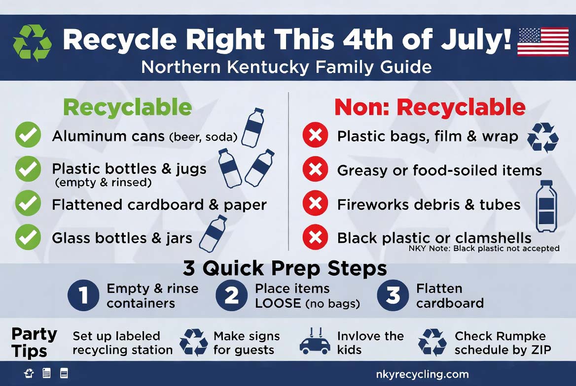 4th of July Recycling Recommendations Infographic for Northern Kentucky Families - What to recycle, what not to recycle, prep steps, and party tips